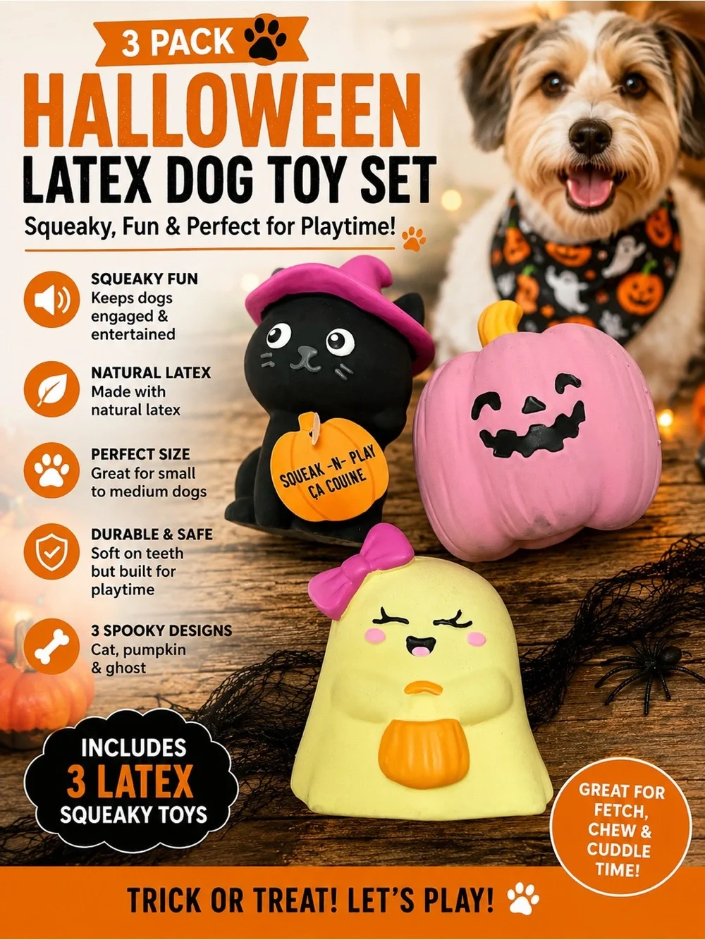 Fringe Studio Halloween Latex Dog Toy Set - Pink, Black & Yellow - 3 Pack